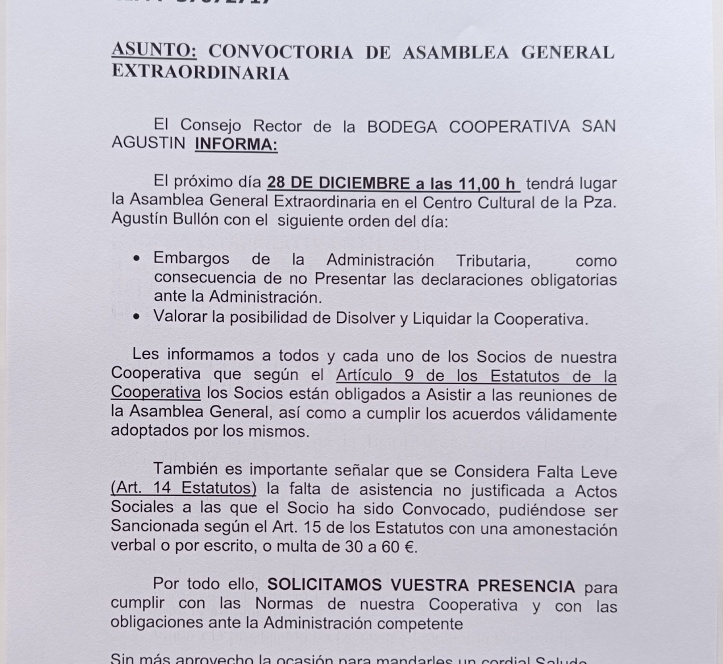 Asamblea general Bodega cooperativa San Agustín