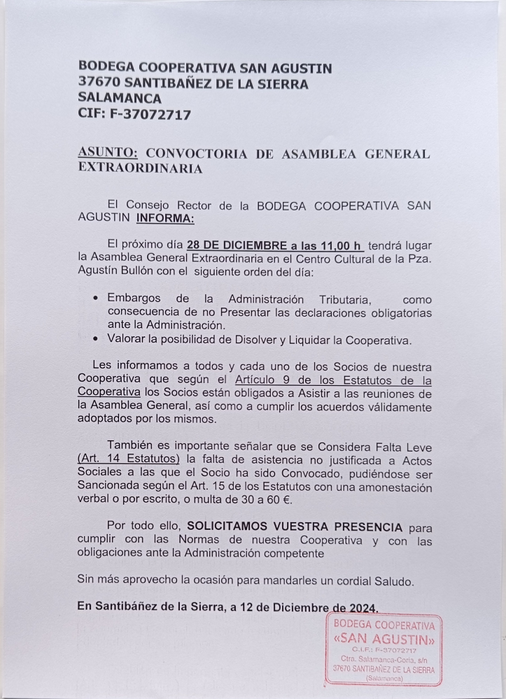Asamblea general Bodega cooperativa San Agustín