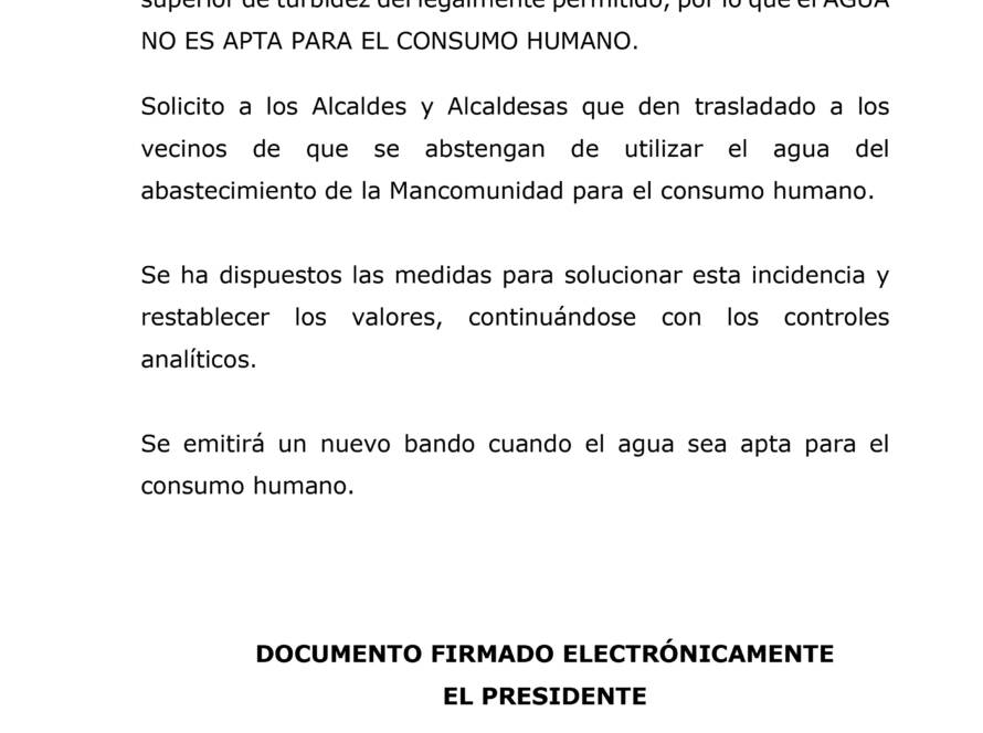 BANDO AGUA NO APTA CONSUMO HUMANO