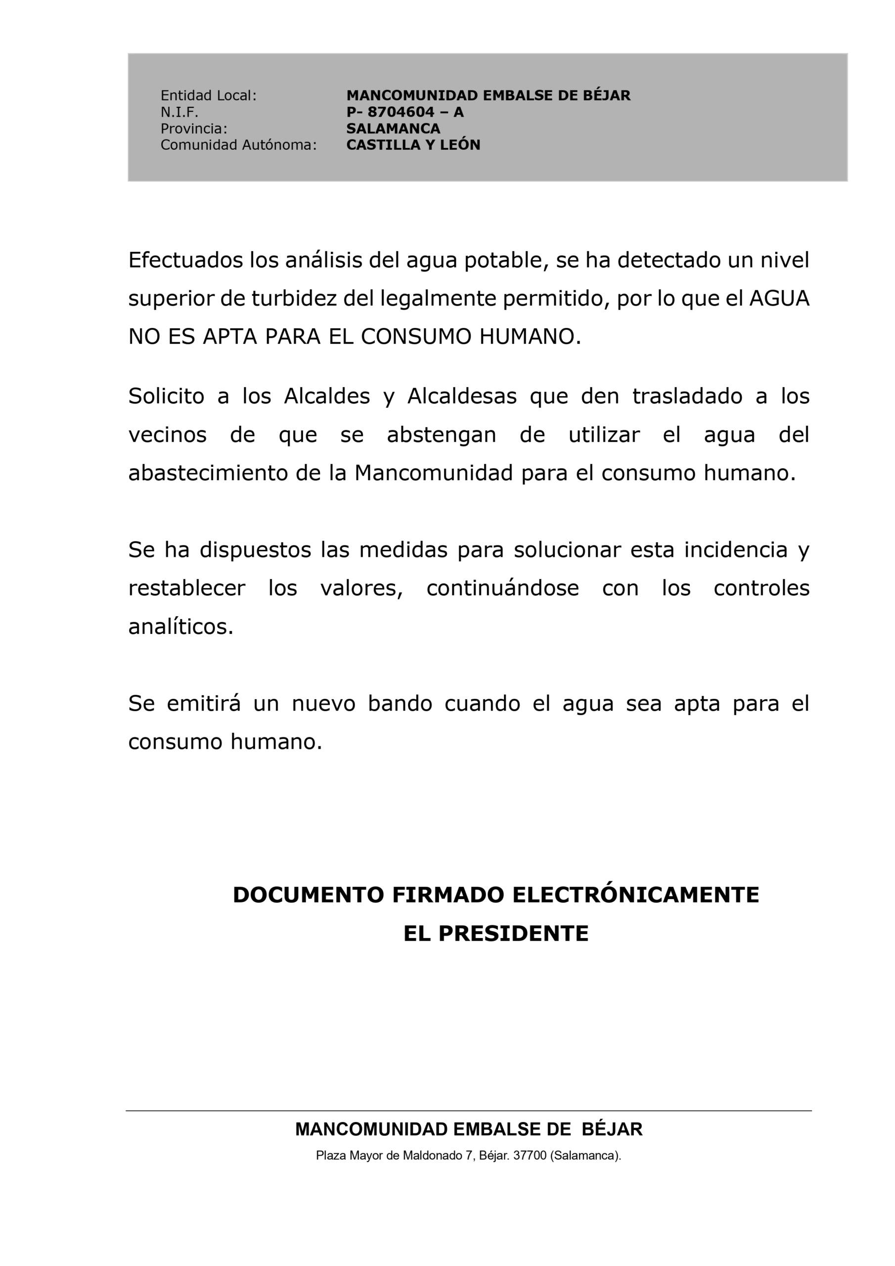 BANDO AGUA NO APTA CONSUMO HUMANO