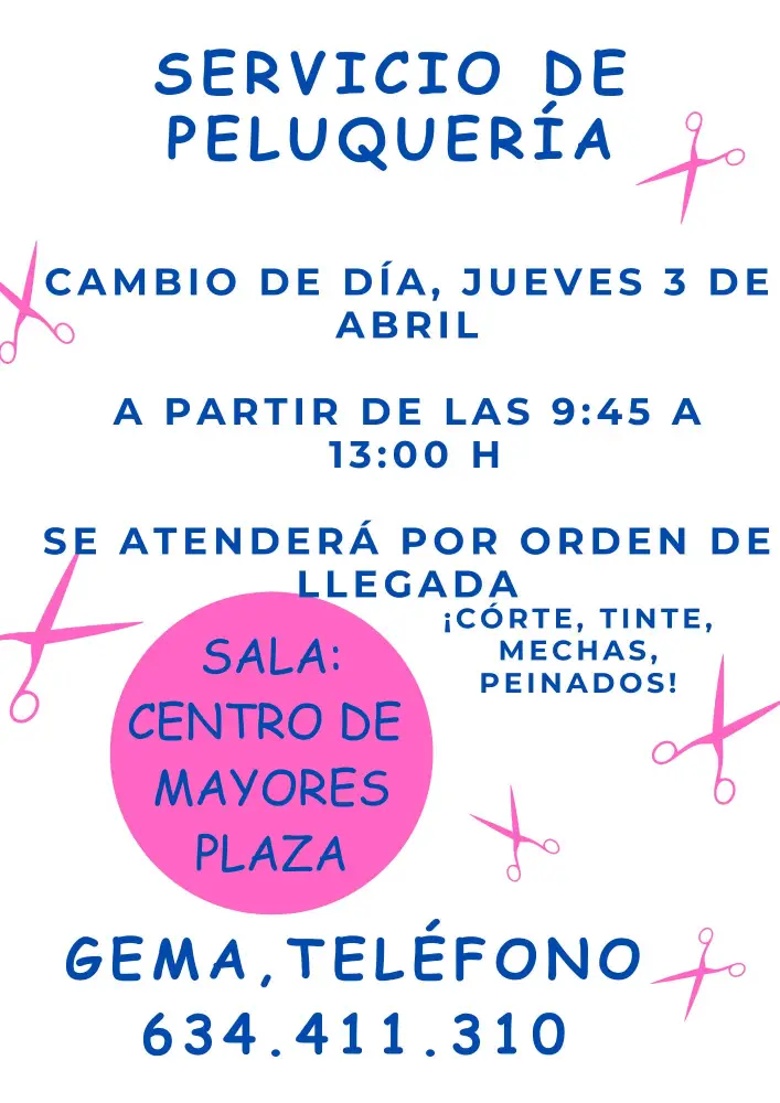 Peluqeria cambio de dia jueves 3 de abril