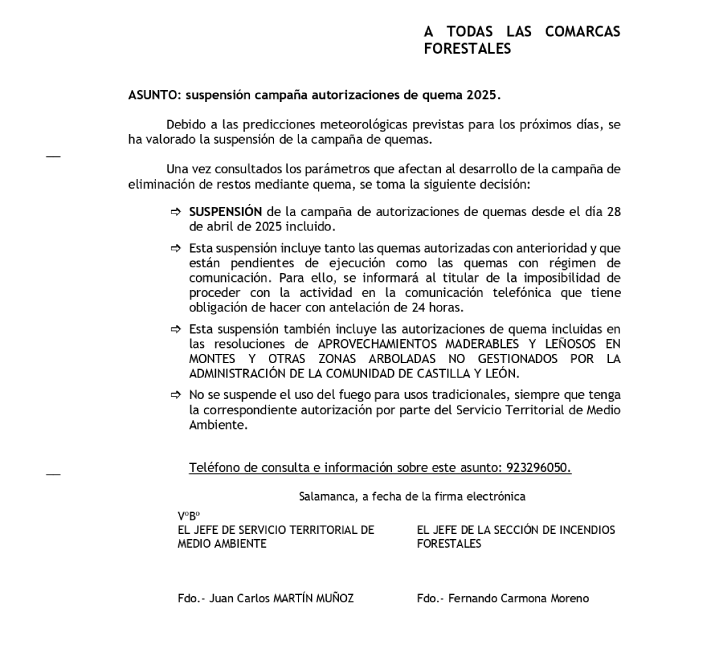 Suspensión de la campaña de autorizaciones de quema