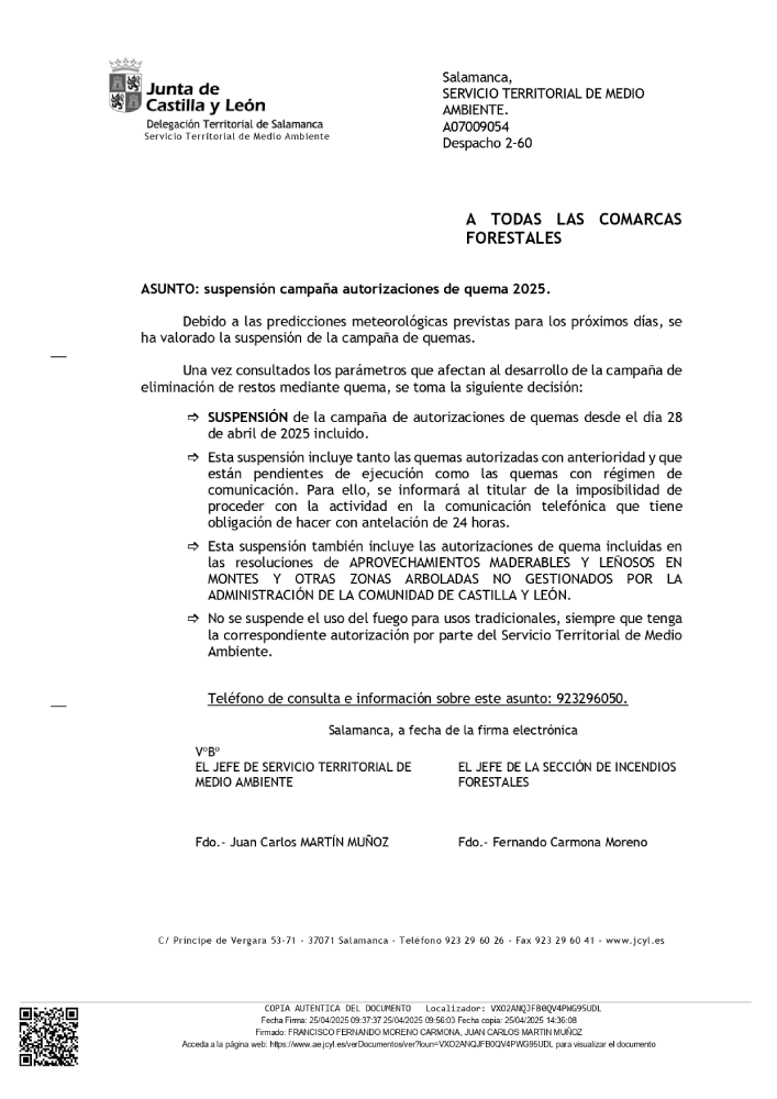 Suspensión de la campaña de autorizaciones de quema