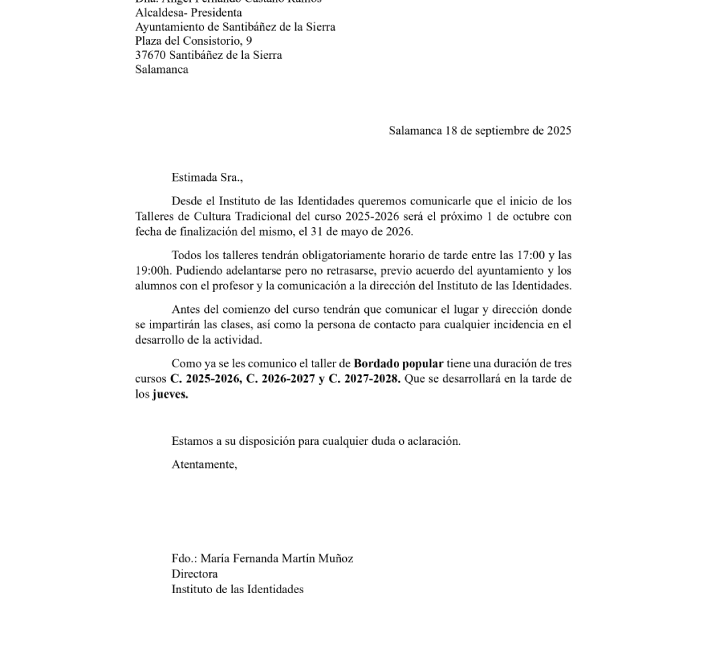 Comunicación inicio curso Santibáñez de la Sierra